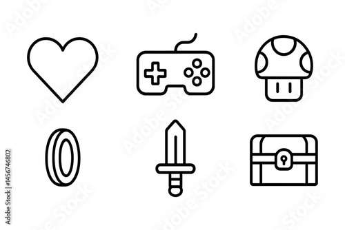 Retro gaming symbols: heart, controller, mushroom, coin, sword, chest icons