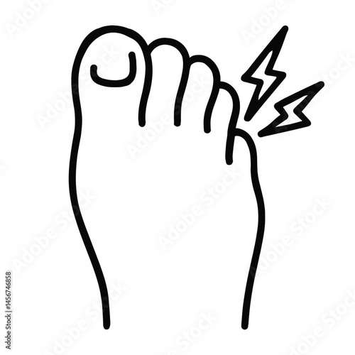 Foot pain icon: medical illustration of toe injury with alert symbols