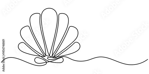One continuous single-line drawing of a seashell. One-line art of beauty product pearl minimalist, Pearl in a seashell one line art drawing, Continuous abstract one line drawing of sea shell icon. 