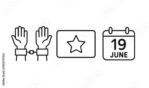 Black freedom symbol with handcuffs, star icon, and june 19 calendar