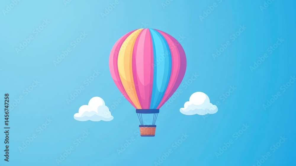 Obraz premium Colorful minimalistic hot air balloon art drawing in bright blue sky with fluffy white clouds background