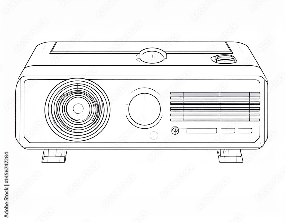 Front view of a projector, detailed with lens, vent, buttons, dial, and stand