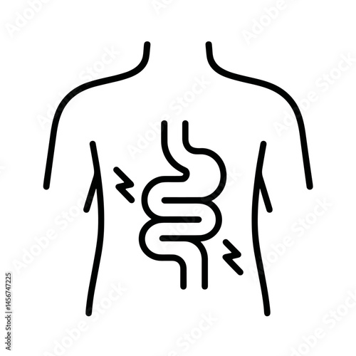 Line art of human digestive system with stomach pain indications