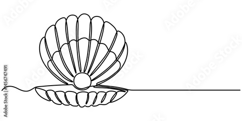 One continuous single-line drawing of a seashell. One-line art of beauty product pearl minimalist, Pearl in a seashell one line art drawing, Continuous abstract one line drawing of sea shell icon. 