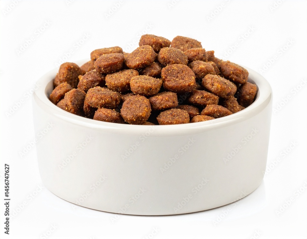 White bowl filled with round brown nuggets, presumably animal food, on a stark white background
