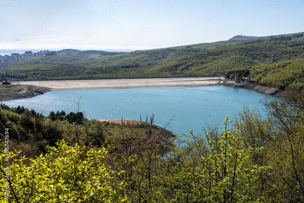 Naklejka premium panoramic natural landscape on a sunny spring day in the mountains near the sea