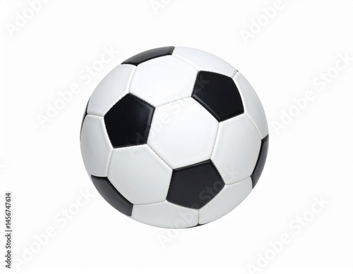 Ball is spherical, patterned with black pentagons & white hexagons for sports or recreational activities
