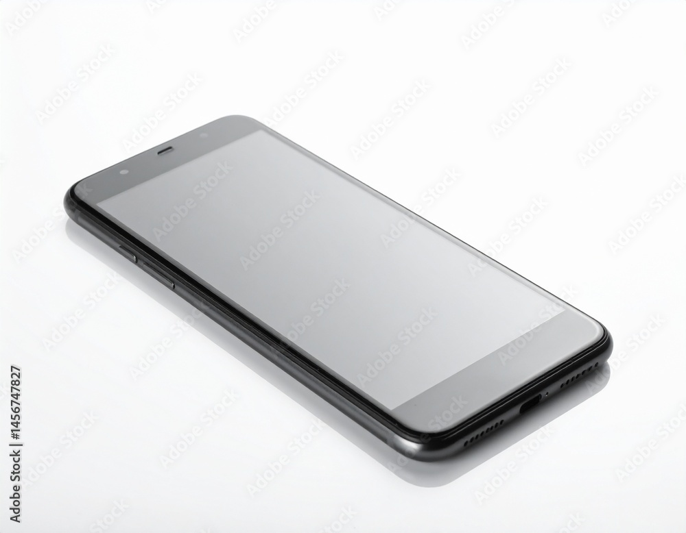 A sleek smartphone is angled on a glossy, white surface, displaying its screen