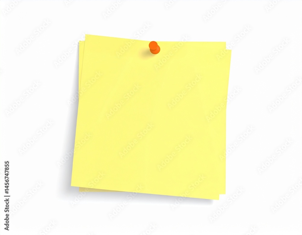 Stack of yellow paper secured with a orange pushpin on a white background