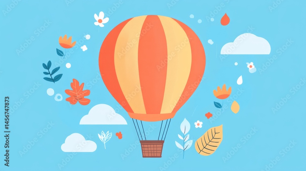 Fototapeta premium Whimsical hot air balloon in orange tones surrounded by leaves and flowers on pastel background