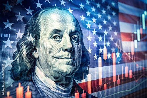 Vivid digital illustration of Benjamin Franklin overlaid with the American flag and financial charts. Represents the US economy, Wall Street, market performance, and financial stabilit