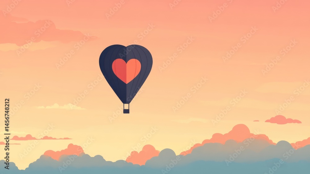Obraz premium Heart-shaped hot air balloon floating above soft clouds in romantic pastel sky background