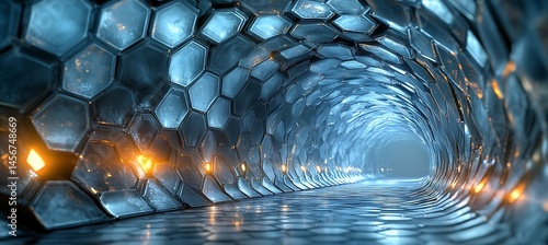 A futuristic abstract tunnel made of glowing soft-tone hexagons 