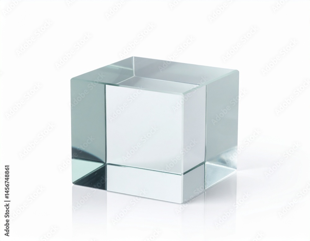 Clear, square glass object with sharp edges reflects light off surface on plain background