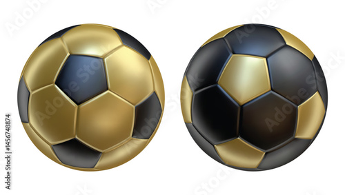 3d soccer balls icons Gold and black color. 3d vector render Symbol or emblem football . Vector illustration