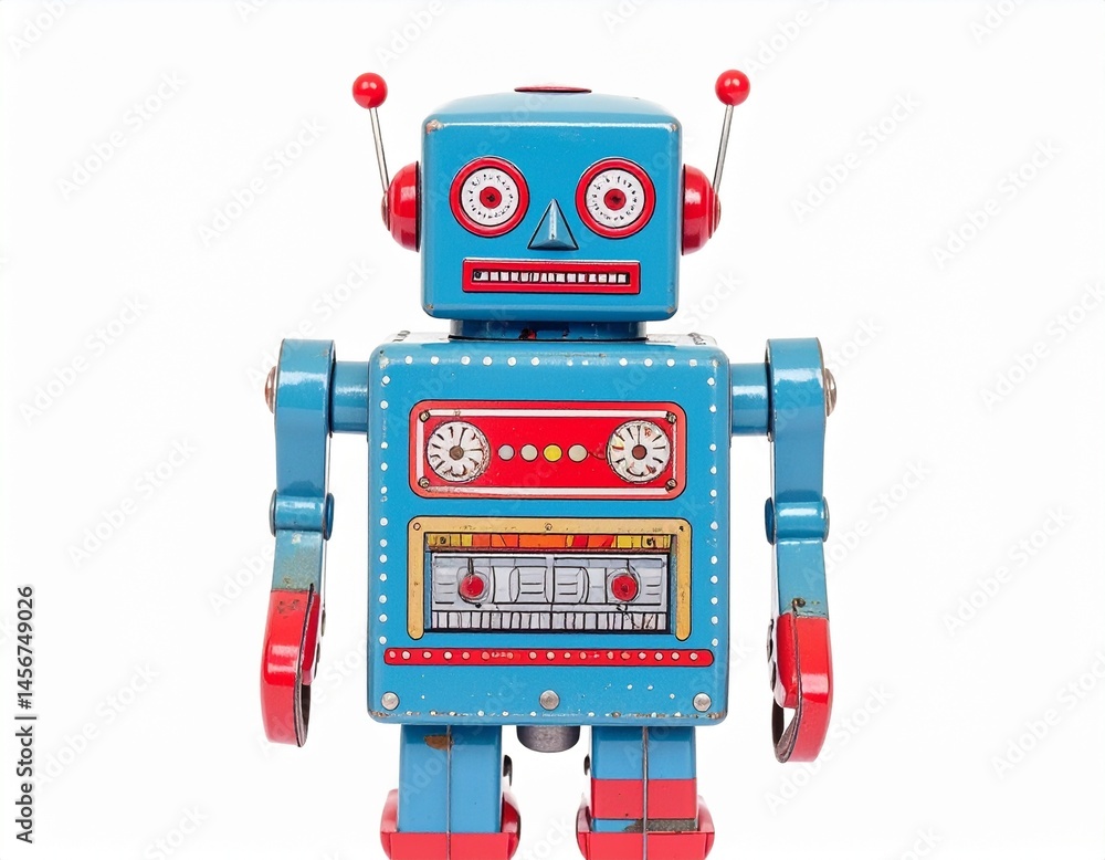 A vintage toy robot featuring red, blue and silver coloring with various details on a white background