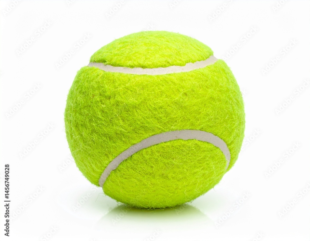 A fuzzy, bright yellow tennis ball with curved white seams, isolated on a white backdrop