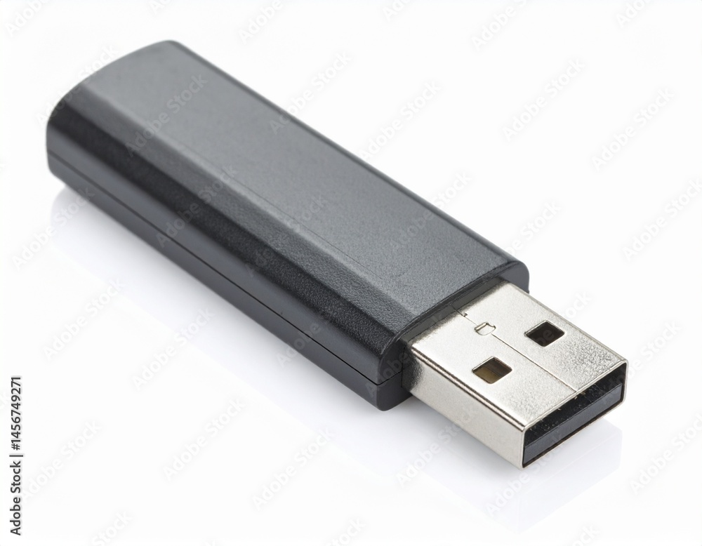 Dark rectangle USB drive showing metal connector, on white surface, angled view