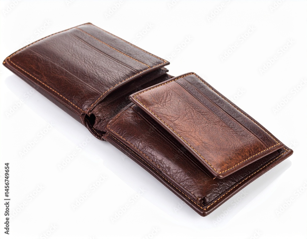 Open brown leather wallet showing inner slots, with simple stitching detail and clean white background