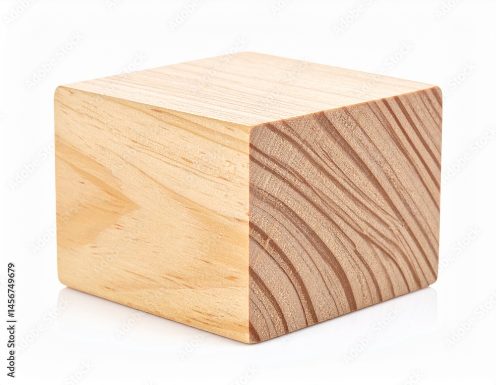 Wooden cube displays natural wood grain detail, two distinct faces are visible in high resolution