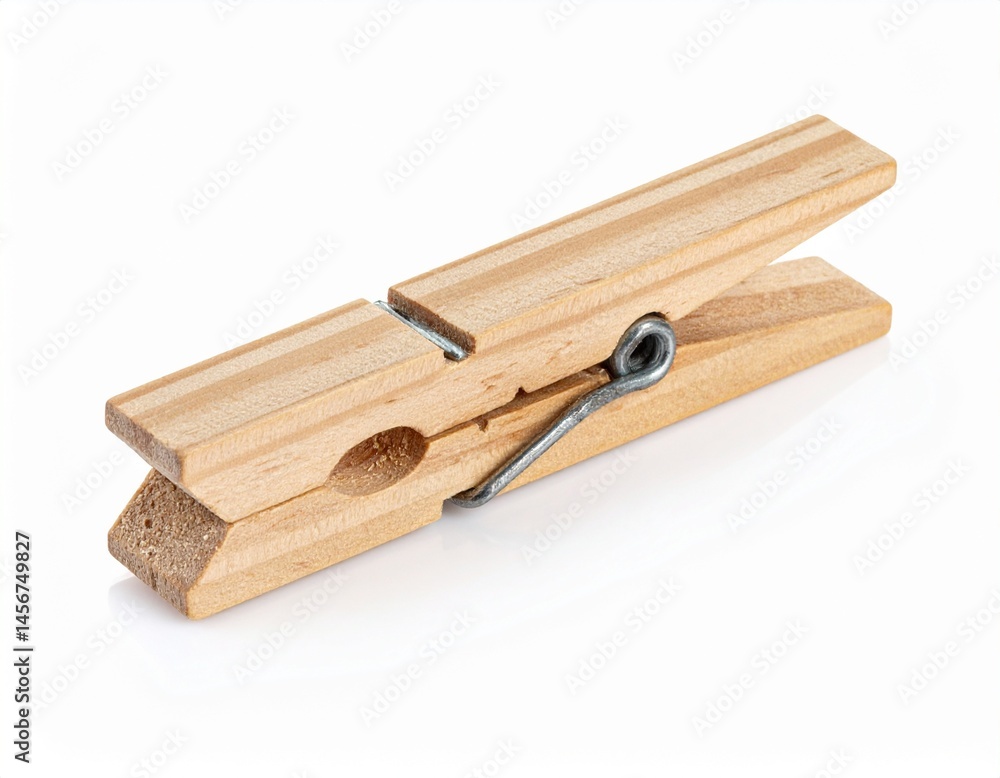 Wooden clothespin featuring a metal spring, showing a simple, functional household object on a white background