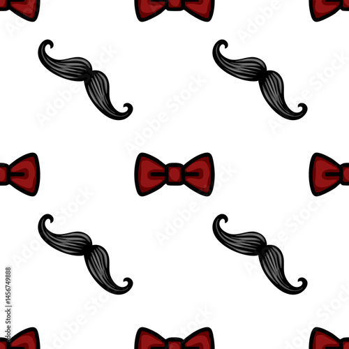 A playful vector pattern featuring red bow ties and black mustaches on a white background, ideal for festive or humorous designs.