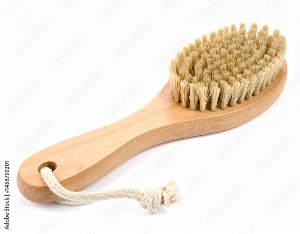 Wooden brush with natural bristles and rope on white background