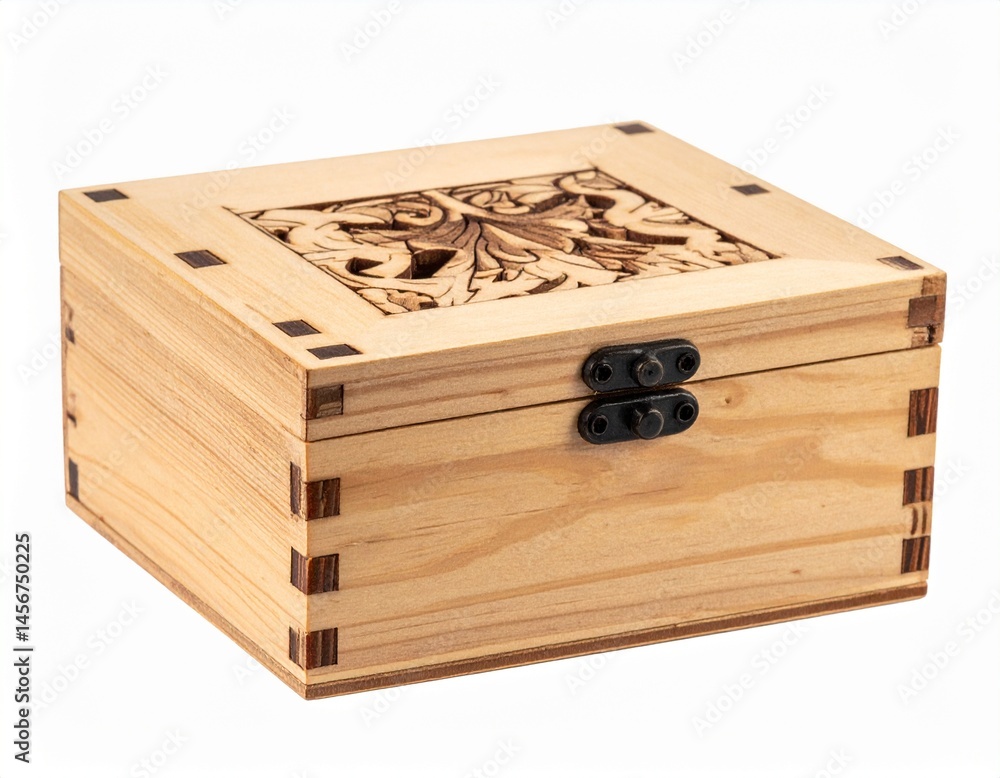 Wood box with a carved floral design on top and metal clasp fastener, side box constructed