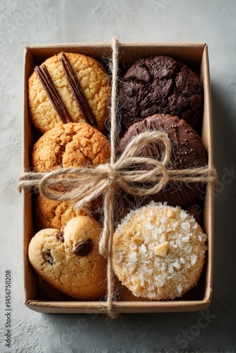 Assorted gourmet cookies in gift box tied with twine on rustic background, variety of flavors and textures