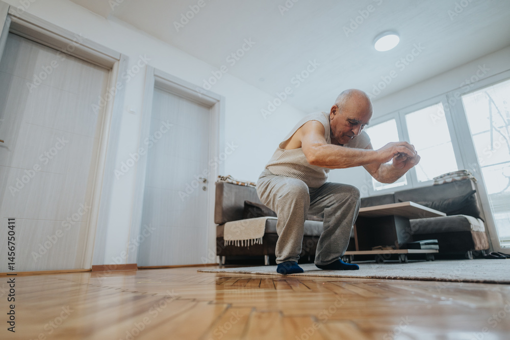 Fototapeta premium Elderly man working out in a home environment performing squats, emphasizing fitness, health, and an active lifestyle in a well-lit and inviting indoor space.