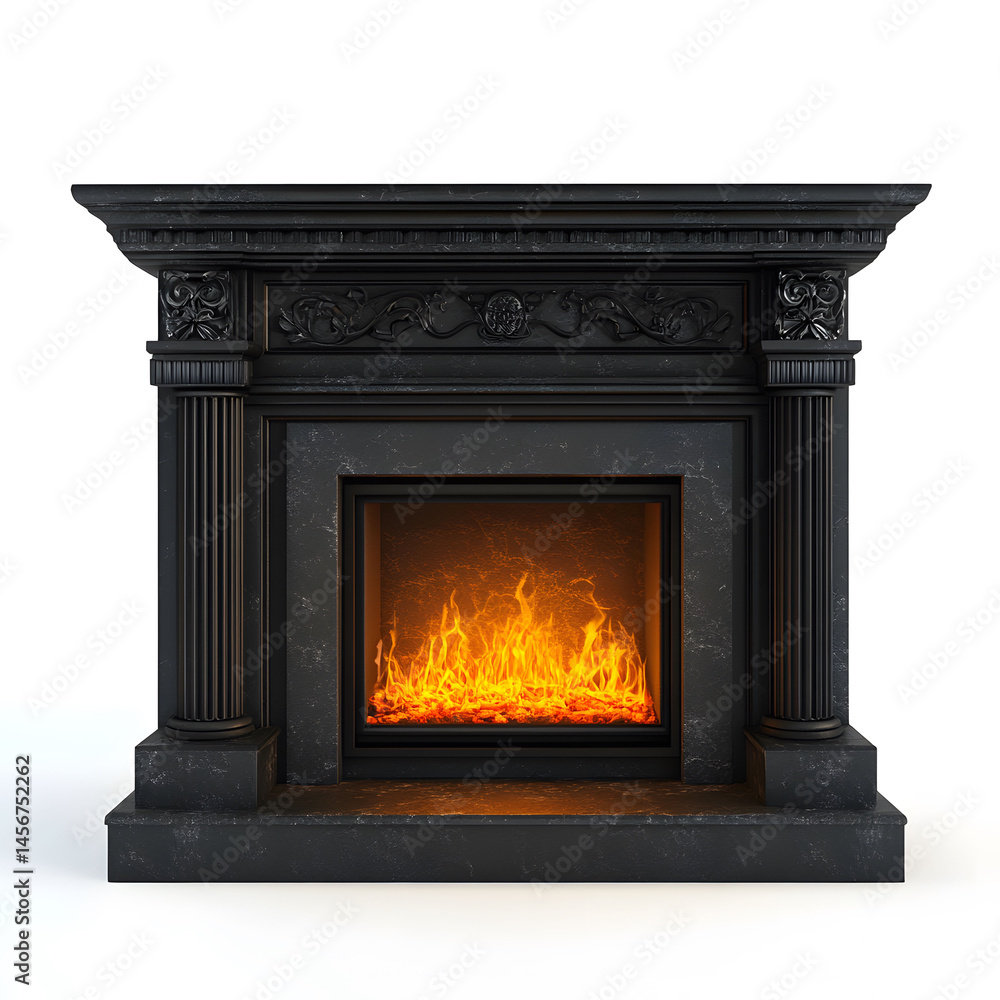 Elegant Fireplace: A captivating view of a classical-style fireplace with its dark, textured facade. The focus is on the roaring fire and decorative embellishments. Elegant Fireplace: A captivating view of a classical-style fireplace with its dark, textured facade. The focus is on the roaring fire and decorative embellishments.