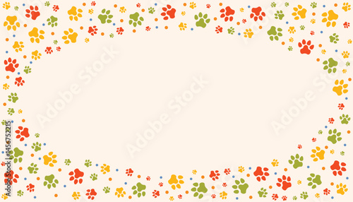 Oval pet paw print frame with blank space for text and images. Colorful silhouettes track of dog or cat paw prints ith dots. Frame with paw prints of pets for decoration of shop windows, websites, etc