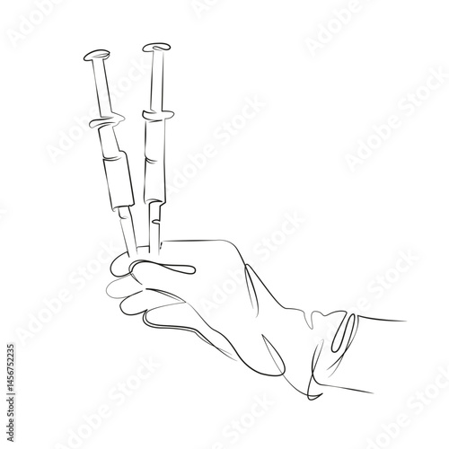 One continuous single drawing line art flat doodle medicine, syringe, healthcare and medicine, injecting, human hand. Isolated image hand draw contour on a white background, hand drawn, not AI