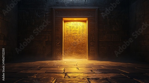Ancient Egyptian golden door in a dark tomb.  A golden portal, etched with hieroglyphs, bathed in warm light, opens into the unknown in a mysterious chamber