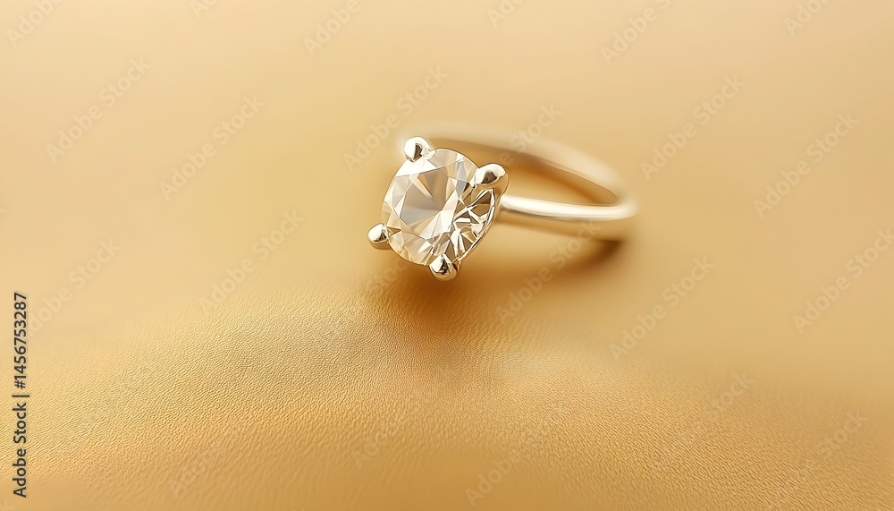 A solitaire diamond ring rests on a gold surface. Its elegant design features a single, brilliant stone in a four-prong setting A solitaire diamond ring rests on a gold surface. Its elegant design features a single, brilliant stone in a four-prong setting