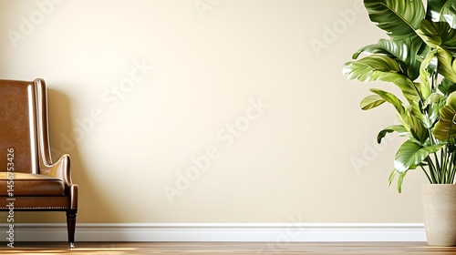 A tranquil room features a leather armchair, a large potted plant, and a neutral-toned wall, creating a serene and minimalist atmosphere