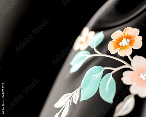 Close-up of a black object adorned with pastel flowers and leaves.  The design is delicate and detailed, adding a touch of elegance