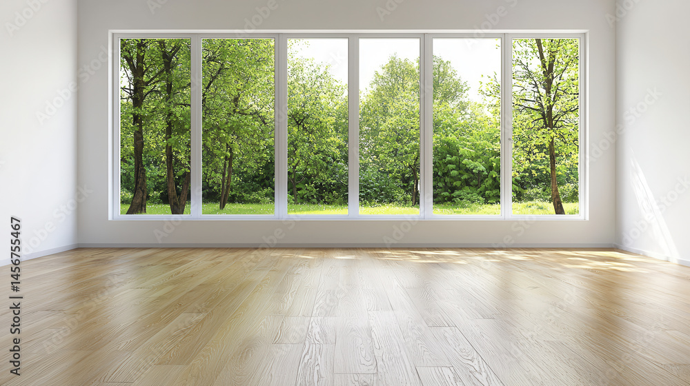 Fototapeta premium bright, minimalist living room with large windows showcasing lush greenery outside