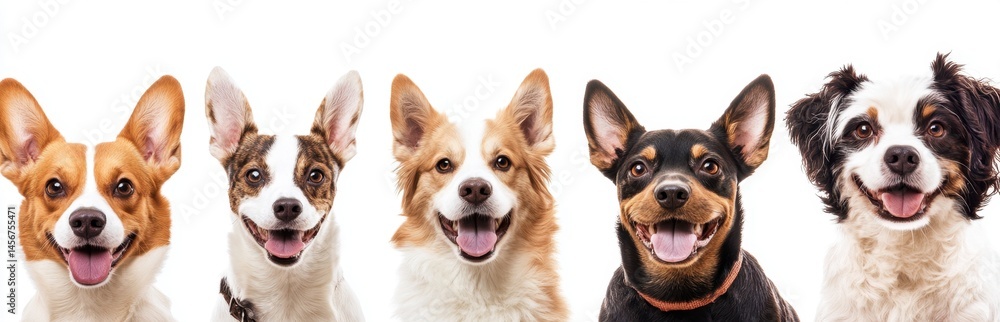 This vibrant image features five happy dogs with playful smiles, showcasing their unique breeds and joyful expressions against a clean background. This vibrant image features five happy dogs with playful smiles, showcasing their unique breeds and joyful expressions against a clean background.