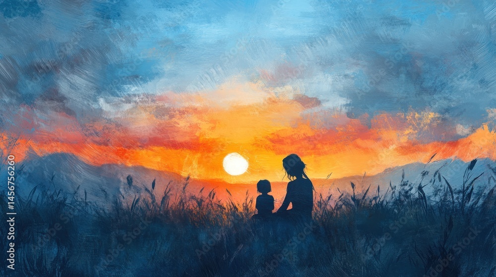 Fototapeta premium Mother and child silhouette at sunset