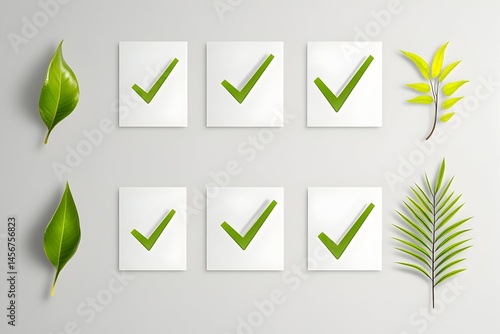 Green leaves and checkmarks on white squares against a light gray background.  Eco-friendly concept