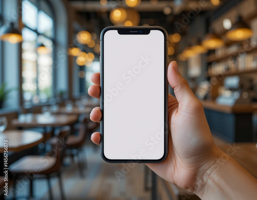 Smartphone held up by a hand inside a public café with natural light. Screen left blank for copy space.