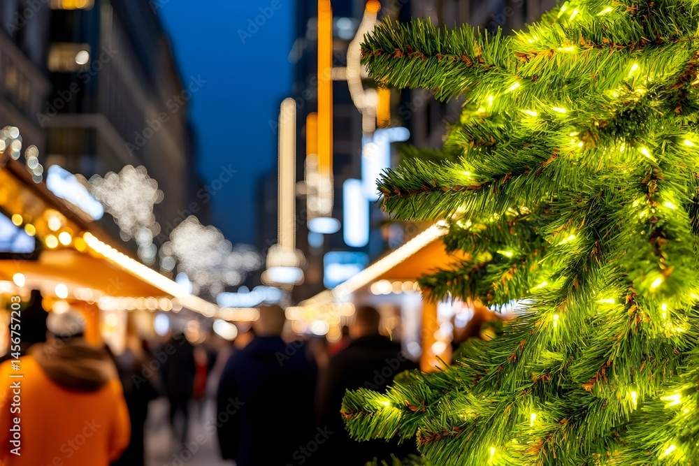 Obraz premium Illuminated Christmas tree at bustling night market. Blurred crowd and festive stalls in background