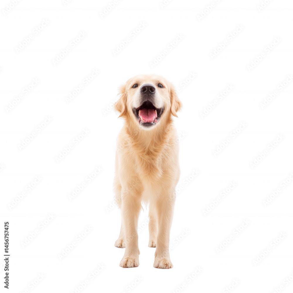 A cheerful golden retriever standing against a white isolate background, radiating joy and friendliness, showcasing the breed's playful nature and affectionate demeanor. A cheerful golden retriever standing against a white isolate background, radiating joy and friendliness, showcasing the breed's playful nature and affectionate demeanor.