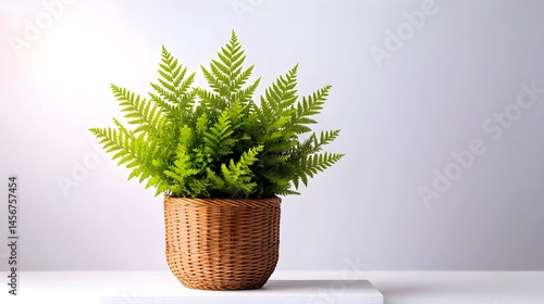 Lush green fern plant in a woven brown pot, set against a minimalist white background, creating a serene and calming image