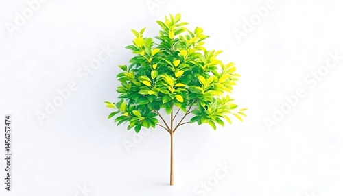 Lush green foliage of a small tree with vibrant leaves against a plain white backdrop
