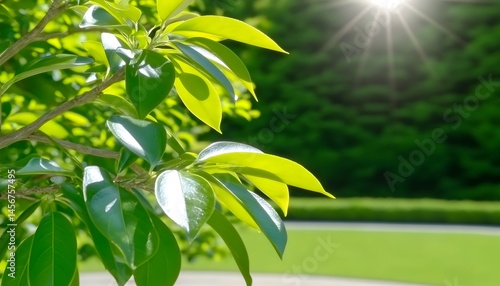Lush green foliage bathed in sunlight, showcasing vibrant leaves and a blurred background of greenery