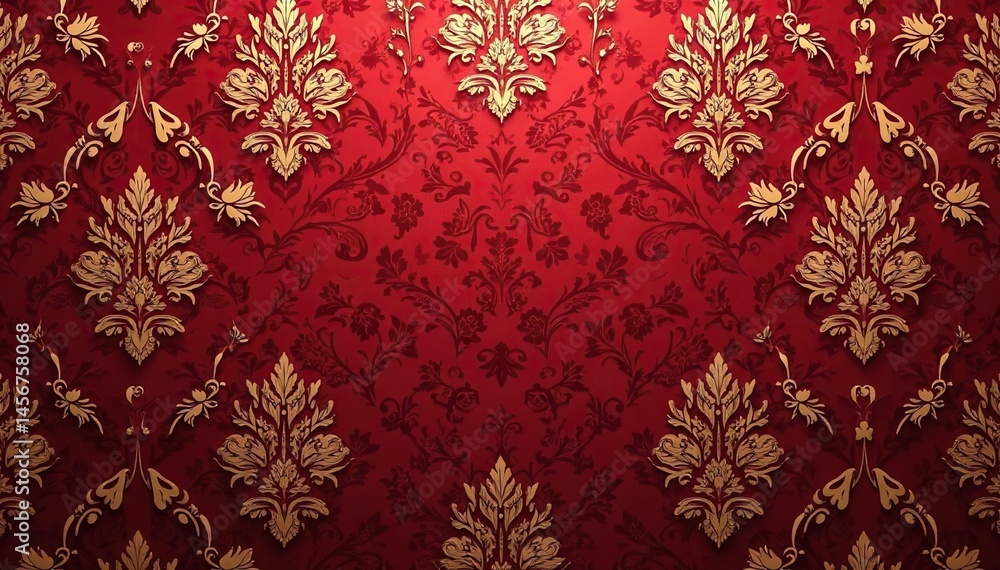 Intricate floral damask pattern in rich burgundy and gold , elegant, ornate, motif Intricate floral damask pattern in rich burgundy and gold , elegant, ornate, motif