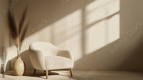 Beige wall mockup in the interior design of a modern living room with an armchair and vase, on a beige color background. 3D rendering. Minimal style. generative ai