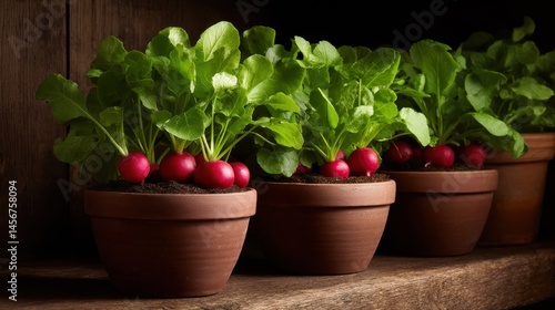 Wallpaper Mural Freshly harvested radishes growing in terracotta pots on a rustic wooden shelf Torontodigital.ca